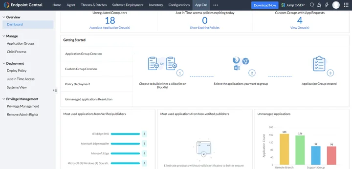 Endpoint Central application control screen