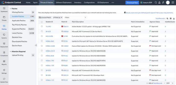 Endpoint Central installed patches screen