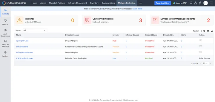 Endpoint Central malware protection screen